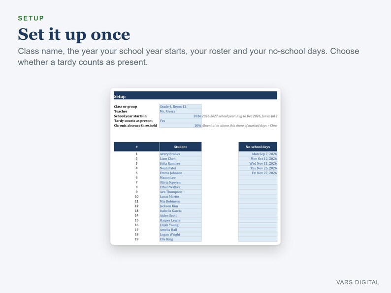 Attendance Tracker Spreadsheet, School Year Class Register, Absence Flag and Summary (Digital Download) immagine 4