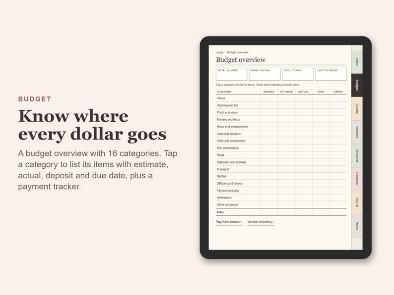 Digital Wedding Planner, Undated Hyperlinked PDF for Tablets, Budget, Guest List, Vendors, Checklist zdjęcie 3
