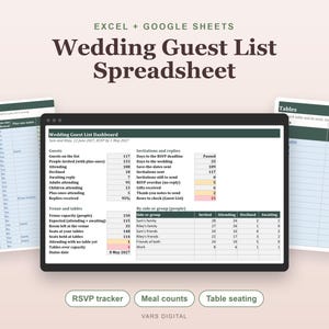 Op de afbeelding: Een digitaal spreadsheet voor een bruiloftsgastenlijst voor Excel en Google Sheets. De interface toont een dashboard met gastenaantallen, RSVP-status en tafelindelingen. De tekst bevat Wedding Guest List Spreadsheet, RSVP tracker, Meal counts, Table seating en VARS DIGITAL.