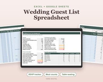 Planilha de lista de convidados para casamento, controle de confirmações de presença com número de refeições e disposição das mesas (Excel)