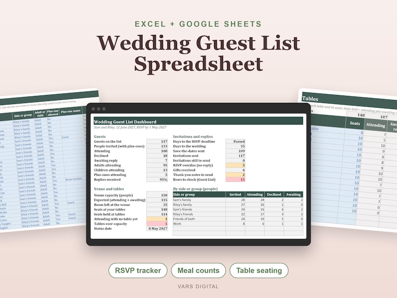Op de afbeelding: Een digitaal spreadsheet voor een bruiloftsgastenlijst voor Excel en Google Sheets. De interface toont een dashboard met gastenaantallen, RSVP-status en tafelindelingen. De tekst bevat Wedding Guest List Spreadsheet, RSVP tracker, Meal counts, Table seating en VARS DIGITAL.