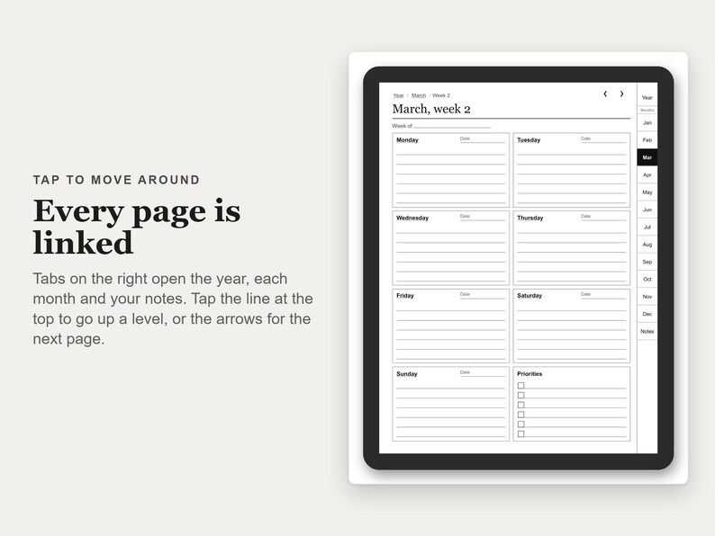 Undated Digital Planner, Hyperlinked PDF for E-Ink Tablets, Portrait, Daily Weekly Monthly, Habit Tracker image 3