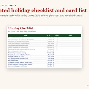 K&ouml;nnte beinhalten: Eine digitale Urlaubs-Checkliste und Kartenliste als Vorlage mit einer Tabelle f&uuml;r Aufgaben, F&auml;lligkeitsdaten, Status und Notizen. Die &Uuml;berschrift lautet Holiday Checklist und enth&auml;lt 22 vorgefertigte Aufgaben mit entsprechenden Daten.