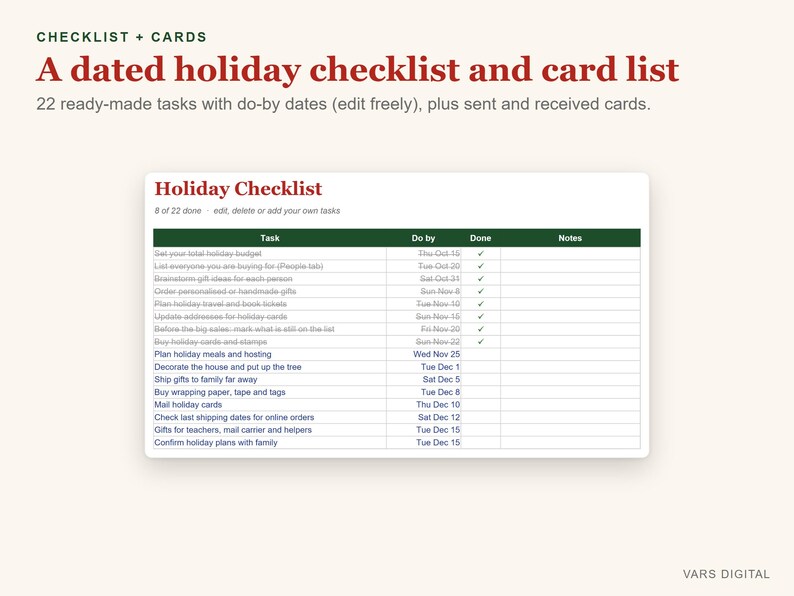 K&ouml;nnte beinhalten: Eine digitale Urlaubs-Checkliste und Kartenliste als Vorlage mit einer Tabelle f&uuml;r Aufgaben, F&auml;lligkeitsdaten, Status und Notizen. Die &Uuml;berschrift lautet Holiday Checklist und enth&auml;lt 22 vorgefertigte Aufgaben mit entsprechenden Daten.