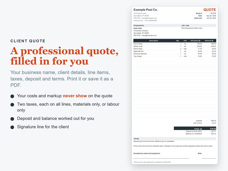 Pool Service Business Spreadsheet, Excel Pricing Quote & Job Costing Template image 2
