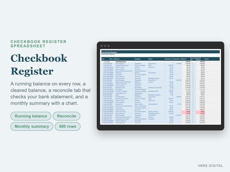 Excel-spreadsheet voor kasboekregistratie, sjabloon voor kasboekregistratie, bankafstemming, overzicht van doorlopend saldo afbeelding 2
