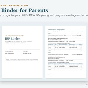 May include: A fillable and printable 35-page IEP Binder for Parents PDF. The document features sections for child information, school details, and annual goals with progress tracking tables for monitoring academic development and meetings.