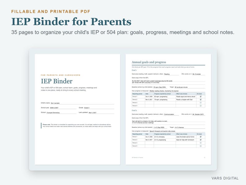 May include: A fillable and printable 35-page IEP Binder for Parents PDF. The document features sections for child information, school details, and annual goals with progress tracking tables for monitoring academic development and meetings.