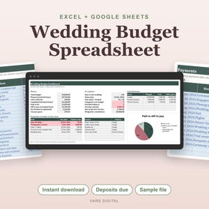 Wedding Budget Spreadsheet, Track Costs, Deposits, Payments (Excel) image 1