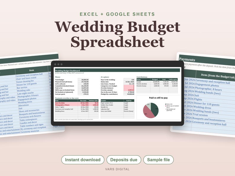 Wedding Budget Spreadsheet, Track Costs, Deposits, Payments (Excel) image 1