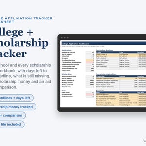 May include: A digital college application tracker spreadsheet displayed on a screen. The interface features a dashboard with tables for school applications, scholarship deadlines, and tasks, including columns for dates, amounts, and days remaining.