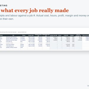 K&ouml;nnte beinhalten: Ein digitales Dashboard mit dem Titel JOB COSTING und dem Text See what every job really made. Darunter befindet sich eine Tabelle mit Jobdaten, darunter Job #, Client, Job, Status, Quote date, Contract price, Estimated cost, Actual cost, Hours, Profit, Margin, Cost vs estimate, Paid so far und Still owed.