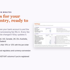 May include: A digital document titled Set Up In Minutes, Fees for your country, ready to go. It features a settings table with columns for shop name, currency, year, hourly rate, and profit margin, plus a detailed list of Etsy transaction fees.
