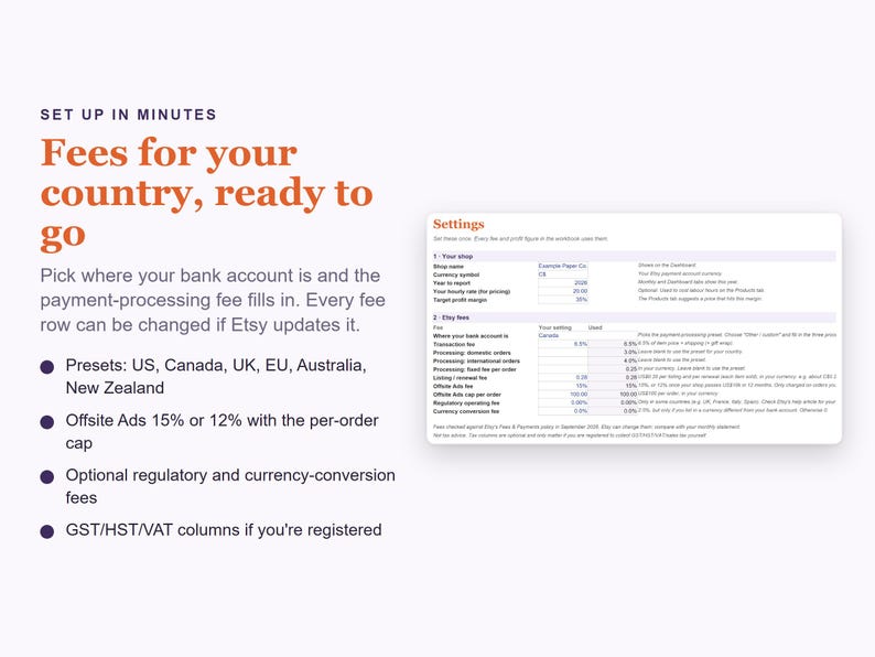 May include: A digital document titled Set Up In Minutes, Fees for your country, ready to go. It features a settings table with columns for shop name, currency, year, hourly rate, and profit margin, plus a detailed list of Etsy transaction fees.
