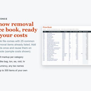 以下が含まれることがあります： 除雪サービス向けの「Price Book」と題されたデジタルスプレッドシートテンプレート。コード、項目名、カテゴリ、単位、コスト、マークアップ、販売価格の列があり、25行の事前入力済みデータと300項目まで追加可能なスペースが含まれています。