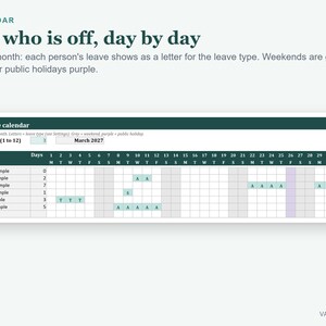 May include: A digital leave calendar interface for March 2027 titled See who is off, day by day. The table displays names, total days, and a grid with grey weekend columns, purple public holiday columns, and light blue leave letter codes.