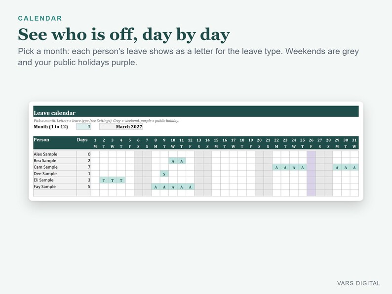 May include: A digital leave calendar interface for March 2027 titled See who is off, day by day. The table displays names, total days, and a grid with grey weekend columns, purple public holiday columns, and light blue leave letter codes.