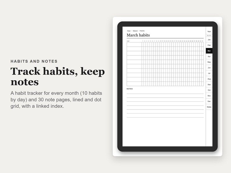 Undated Digital Planner, Hyperlinked PDF for E-Ink Tablets, Portrait, Daily Weekly Monthly, Habit Tracker image 6