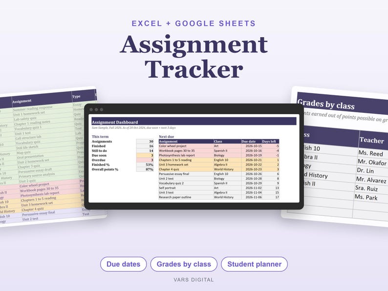 Hoja de cálculo para el seguimiento de tareas, deberes y calificaciones para estudiantes de secundaria y universidad (Excel) imagen 1