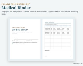 Medical Binder Fillable PDF, Health Planner, Medication Log, Printable Health Records