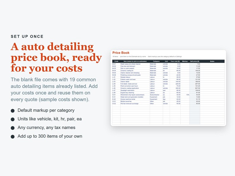 Auto Detailing Business Spreadsheet, Car Detailing Pricing Calculator, Excel Quote & Job Costing Template image 6