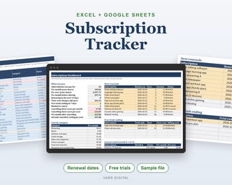 Pode incluir: Um modelo de rastreador de assinaturas para Excel e Google Sheets exibido em uma tela com várias tabelas de dados. O painel mostra colunas para nomes de assinaturas, datas de renovação, custos e status, com seções para renovações e testes.
