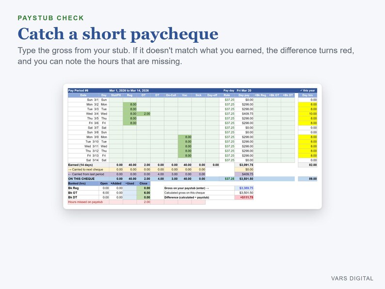 Timesheet Template Excel, Work Hours Tracker & Paystub Checker for Hourly Workers image 2
