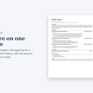 May include: A resume template titled Compact with the text More on one page and Tighter margins and spacing for a longer work history, still one column and easy to read. The document displays a single-column layout for Jordan Taylor.