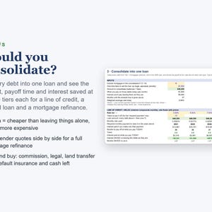 May include: A digital financial planning spreadsheet titled Should you consolidate? featuring a section for debt consolidation analysis. The document includes input fields for loan amounts, interest rates, and monthly payments, with a table comparing four rate tiers for lines of credit, personal loans, and mortgage refinances.