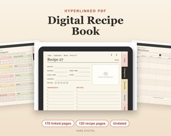Digital Recipe Book, Undated Hyperlinked PDF Cookbook for Tablets, Meal Planner and Shopping List