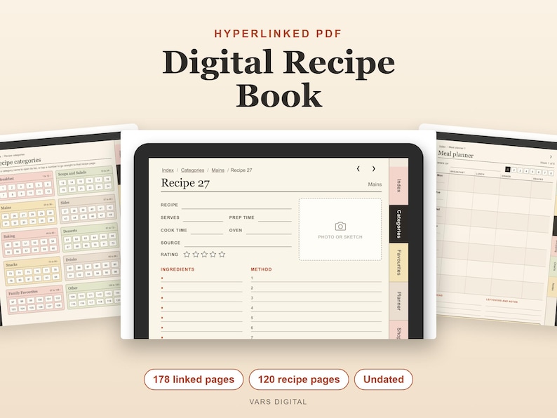 Digital Recipe Book, Undated Hyperlinked PDF Cookbook for Tablets, Meal Planner and Shopping List image 1