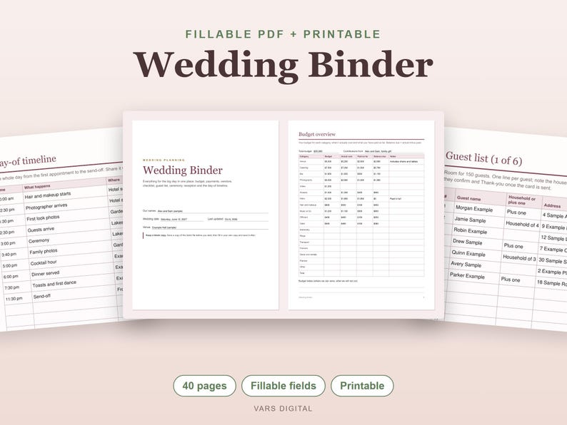 Wedding Binder Fillable PDF, Wedding Planning Book, Printable Planner, Budget, Guest List, Vendors imagem 1