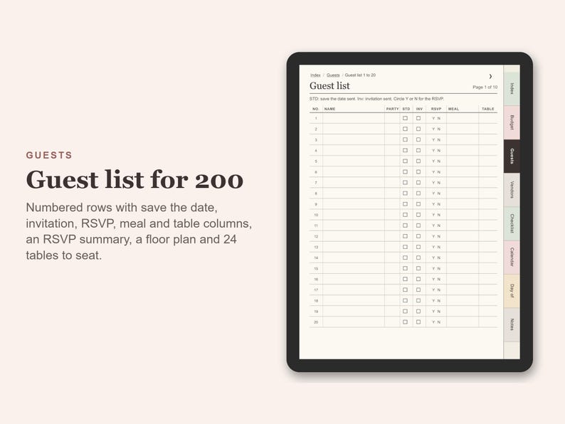 Digital Wedding Planner, Undated Hyperlinked PDF for Tablets, Budget, Guest List, Vendors, Checklist zdjęcie 4