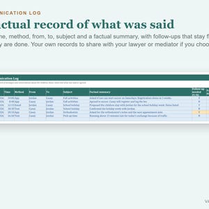 Planilha de Planejamento de Coparentalidade, Calendário de Custódia, Controle de Despesas Compartilhadas, Registro de Comunicação (Excel) imagem 6