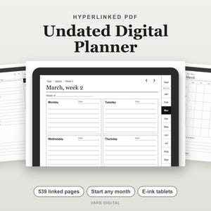 Undated Digital Planner, Hyperlinked PDF for E-Ink Tablets, Portrait, Daily Weekly Monthly, Habit Tracker image 1