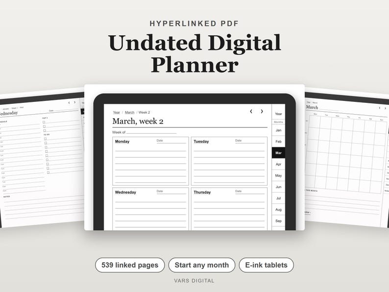 Undated Digital Planner, Hyperlinked PDF for E-Ink Tablets, Portrait, Daily Weekly Monthly, Habit Tracker image 1