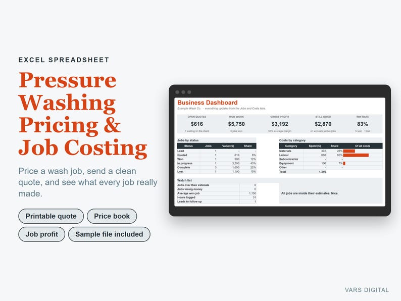Pressure Washing Pricing Calculator Spreadsheet, Excel Quote & Job Costing Template image 1