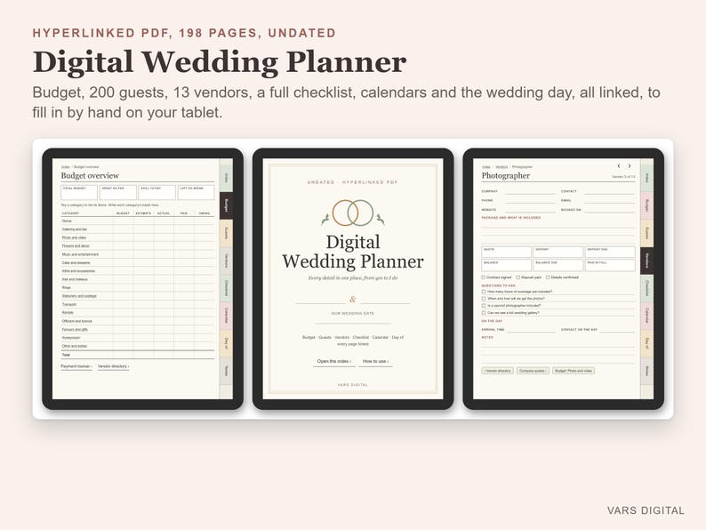 Digital Wedding Planner, Undated Hyperlinked PDF for Tablets, Budget, Guest List, Vendors, Checklist zdjęcie 2