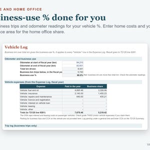 K&ouml;nnte beinhalten: Eine digitale Tabelle mit dem Titel Vehicle and Home Office mit Abschnitten f&uuml;r den gesch&auml;ftlichen Nutzungsanteil, das Fahrzeugprotokoll, den Kilometerstand und Fahrzeugausgaben mit Spalten f&uuml;r j&auml;hrliche Kosten und Gesch&auml;ftsanteile.