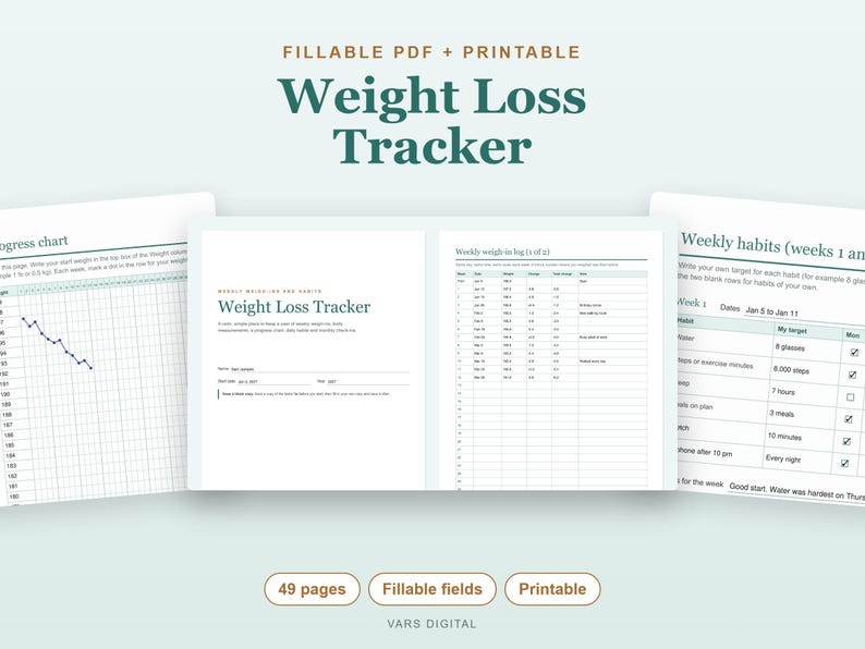 Weight Loss Tracker Printable and Fillable PDF, Weigh In Log, Body Measurements, Progress Chart image 1