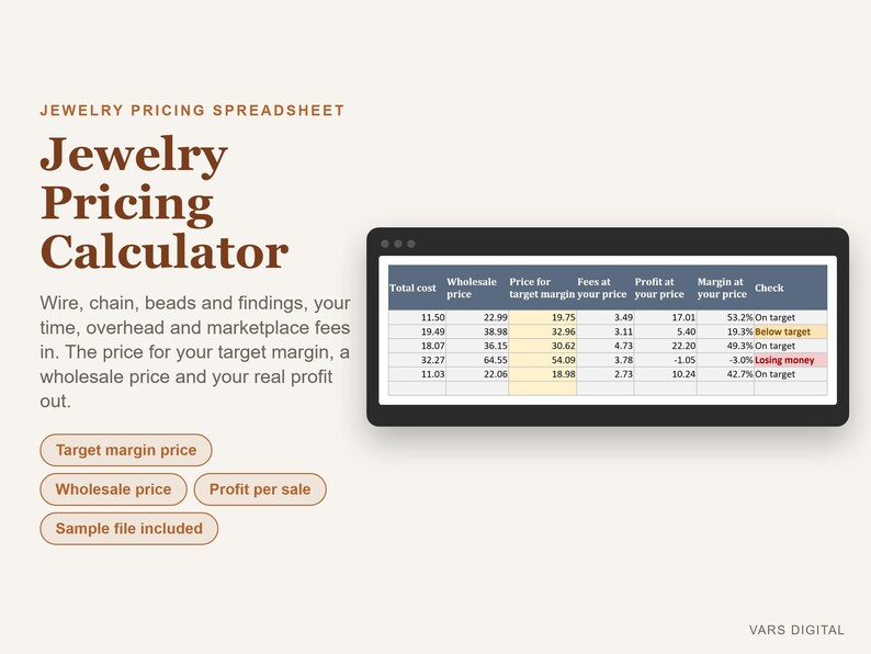 May include: A digital jewellery pricing calculator spreadsheet featuring columns for total cost, wholesale price, target margin, fees, profit, and margin percentage. The interface displays sample data and includes buttons for target margin price, wholesale price, profit per sale, and sample file included.