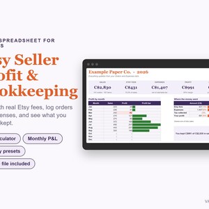 May include: An Excel spreadsheet for sellers titled Etsy Seller Profit & Bookkeeping. The interface displays financial data including sales, fees, expenses, and profit for Example Paper Co. 2026, with buttons for fee calculator, monthly P&L, and country presets.
