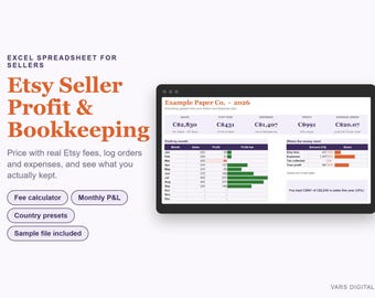 Etsy Seller Spreadsheet, Profit Calculator & Bookkeeping Template for Excel
