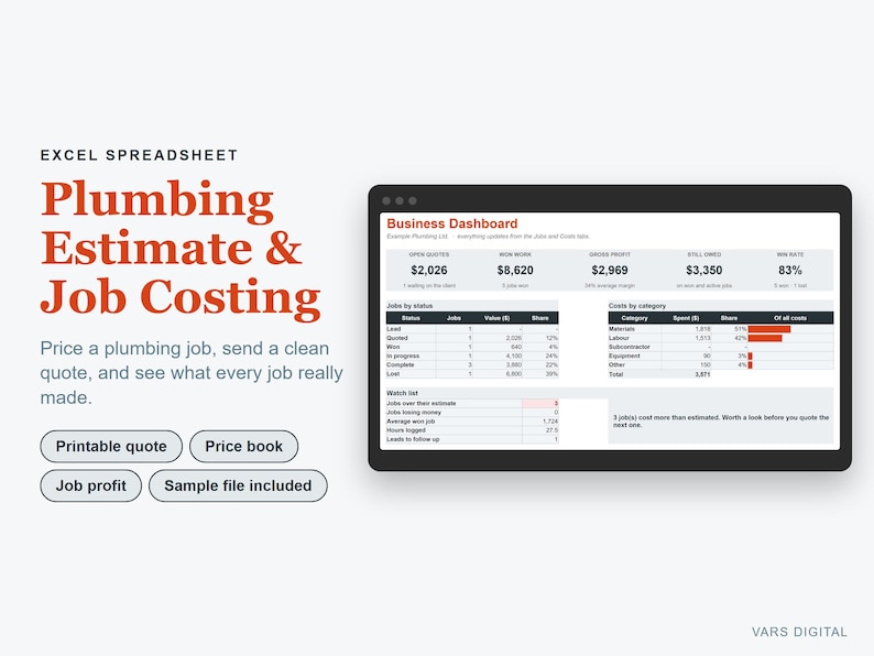 May include: An Excel spreadsheet template for plumbing estimate and job costing. The interface displays a business dashboard with financial metrics, job status tables, and cost categories. Text includes 'Plumbing Estimate & Job Costing', 'Printable quote', 'Price book', 'Job profit', and 'Sample file included'.