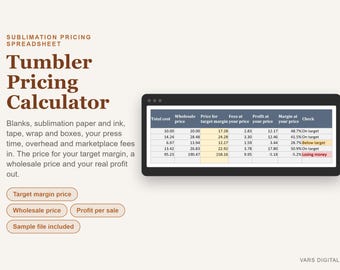Priskalkylator för sublimering av tumblers, Excel-kalkylblad för tillverkare (digital nedladdning)