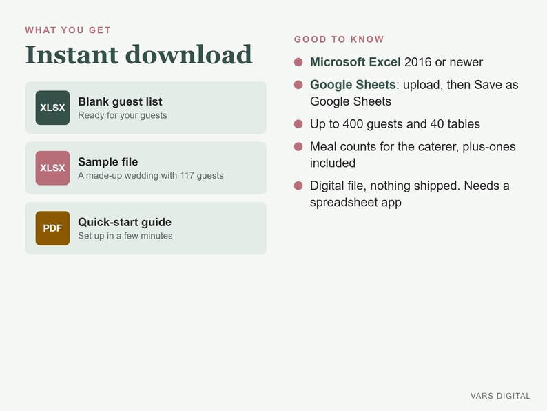 Op de afbeelding: Een digitale download-infographic met de titel Instant download. Het bevat een lege gastenlijst, voorbeeldbestand en snelstartgids in XLSX- en PDF-indeling. De sectie Good to know specificeert vereisten voor Microsoft Excel 2016 of nieuwer, Google Sheets, 400 gasten, 40 tafels en maaltijdtellingen.