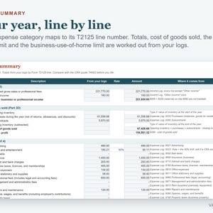 K&ouml;nnte beinhalten: Ein T2125-Zusammenfassungsdokument mit dem Titel Your year, line by line, das eine Tabelle mit Spalten f&uuml;r Zeilennummern, Beschreibungen, S&auml;tze und Betr&auml;ge anzeigt. Es kategorisiert Einnahmen, Herstellungskosten und Ausgaben f&uuml;r das Steuerjahr 2026.