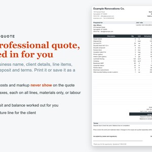 May include: A digital document template titled Client Quote featuring a professional layout for Example Renovations Co. The form includes sections for business information, client details, a detailed table of line items, tax calculations, and a signature line.