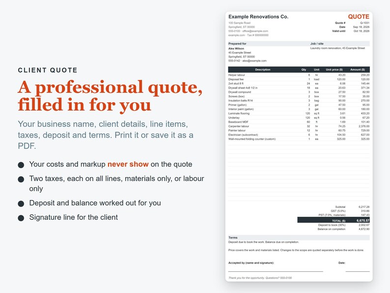 May include: A digital document template titled Client Quote featuring a professional layout for Example Renovations Co. The form includes sections for business information, client details, a detailed table of line items, tax calculations, and a signature line.