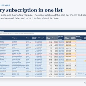 Subscription Tracker Spreadsheet, Monthly and Yearly Subscription Costs with Renewal Dates (Digital Download) image 2